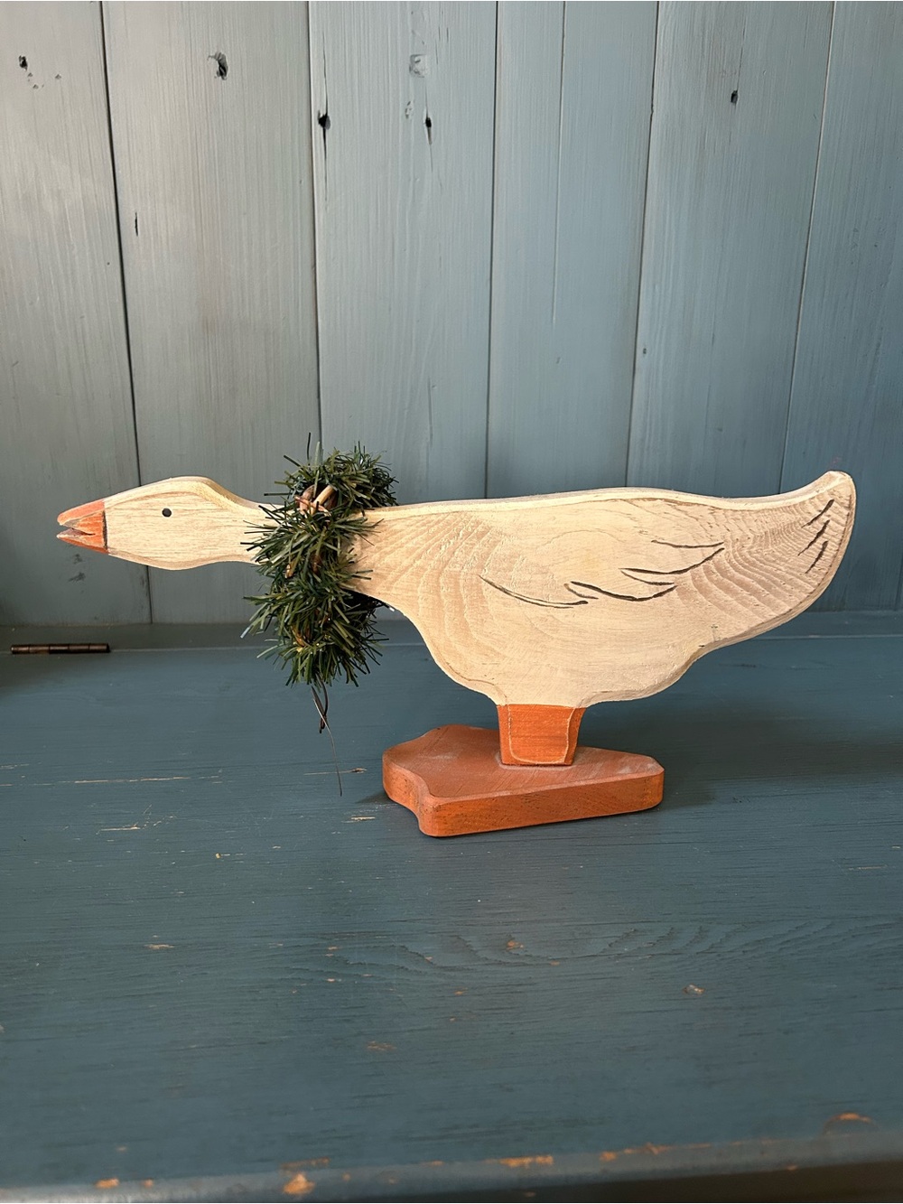 Wooden Goose Figure with Green Wreath - Vintage Cottagecore Decor
